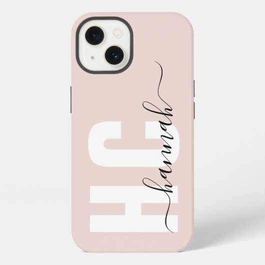 Etui iPhone 13 Nom du monogramme de script rose pâle (Verso)