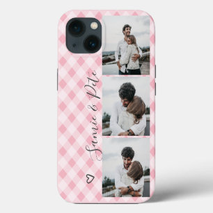 Etui iPhone 13 Noms de plaid rose moderne 3 photos grille de coll