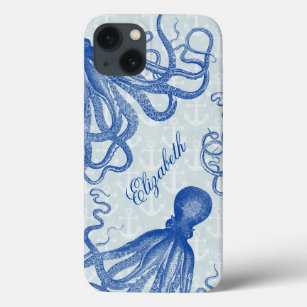 Etui iPhone 13 Octopus bleu vintage avec Ancres Personnalisé
