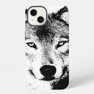 Etui iPhone 13 Œuvre d'art à l'encre noir blanc Loup