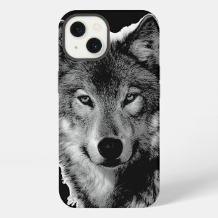 Etui iPhone 13 Oeuvre de Loup noir et blanc