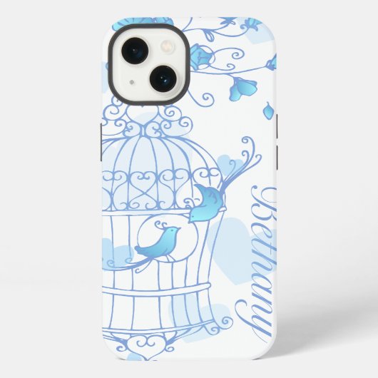Etui iPhone 13 Oiseaux et cage aqua bleu nom coque iphone (Verso)