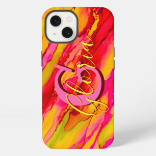 Etui iPhone 13 Orange sauvage et encre alcoolique fuchsia