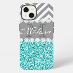 Etui iPhone 13 Paillettes AQUA, CHEVRON GRIS, MONOGRAMMÉ