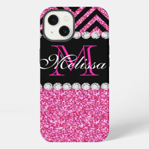 Etui iPhone 13 Paillettes roses chevron noir Monogrammé
