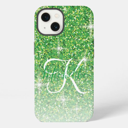 Etui iPhone 13 Paillettes Vertes Féminines Monogramme Script Nom (Verso)