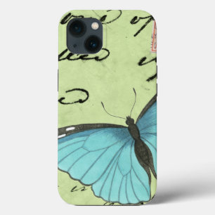 Etui iPhone 13 Papillon à ailes bleues sur carte postale Turquois