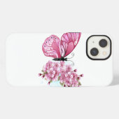 Etui iPhone 13 Papillon de fleurs avec Sakura rose (Verso Horizontal)