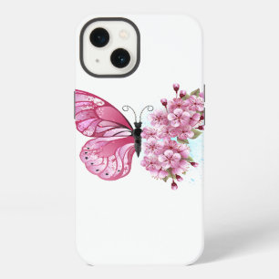 Etui iPhone 13 Papillon de fleurs avec Sakura rose