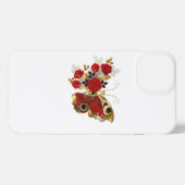 Etui iPhone 13 Papillon de fleurs rouges aux roses rouges (Verso Horizontal)