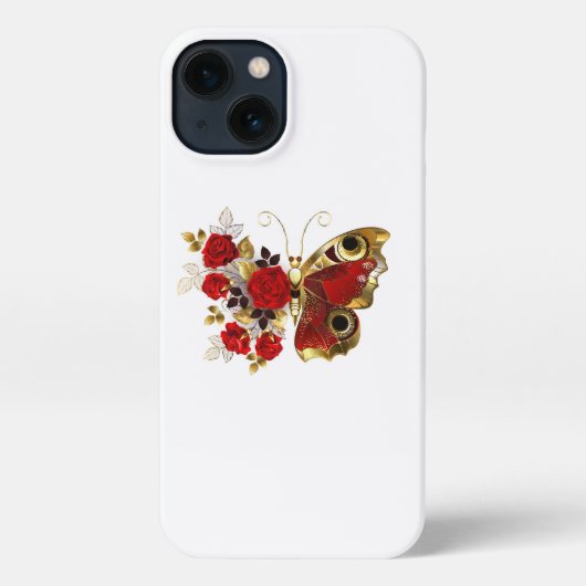 Etui iPhone 13 Papillon de fleurs rouges aux roses rouges (Verso)