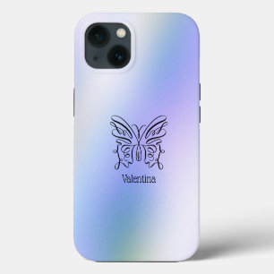 Etui iPhone 13 Papillon holographique bleu violet dessiné à la li
