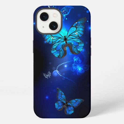 Etui iPhone 13 Papillon Morpho sur fond sombre (Verso)