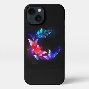 Etui iPhone 13 Papillons de nuit Neon brillants sur arrière - pla