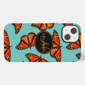 Etui iPhone 13 Papillons monarques motif sarcelle clair monogramm (Verso Horizontal)