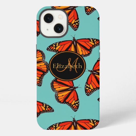 Etui iPhone 13 Papillons monarques motif sarcelle clair monogramm (Verso)