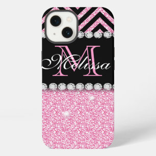 Etui iPhone 13 Parties scintillant ROSE CHEVRON NOIR MONOGRAMMÉ