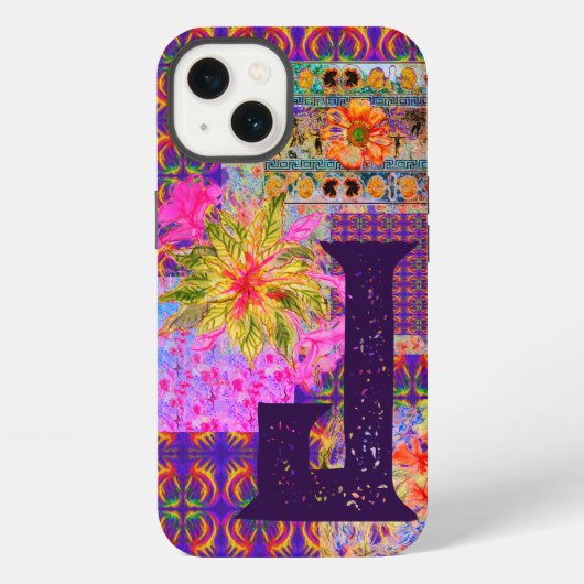 Etui iPhone 13 Patchwork Floral Fou Motif Violet Monogramme (Verso)
