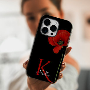 Etui iPhone 13 Pavot simple rouge monogramme sur noir