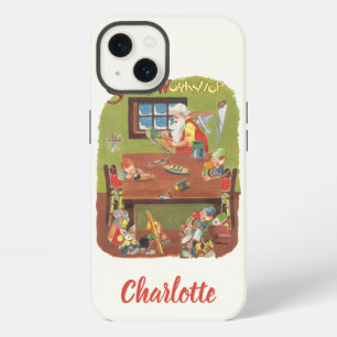 Etui iPhone 13 Père Noël vintage avec des lutins dans l'atelier d