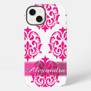 Etui iPhone 13 Personnalisé joli chaud rose et blanc damassé