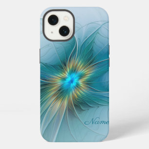 Etui iPhone 13 Petite Beauté Fleur Fractale Moderne Bleu Or Nom