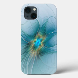 Etui iPhone 13 Petite Beauté Moderne Fleur d'Art Fractal Bleu Or