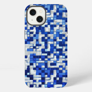 Etui iPhone 13 Petits carrés dispersés, tons de bleu avec du blan