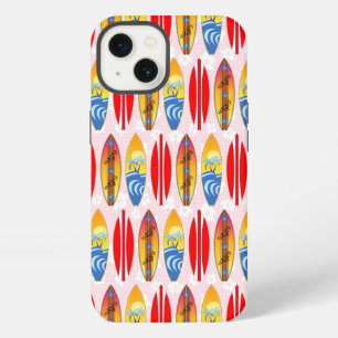 Etui iPhone 13 Planches de surf rétro Hibiscus rose