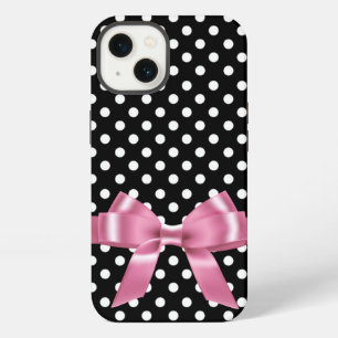 Etui iPhone 13 Points noirs et blancs - noeud rose 