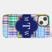 Etui iPhone 13 Preppy Patchwork Madras Navy Quatrefoil Monogramme (Verso Horizontal)