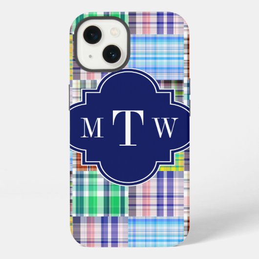 Etui iPhone 13 Preppy Patchwork Madras Navy Quatrefoil Monogramme (Verso)