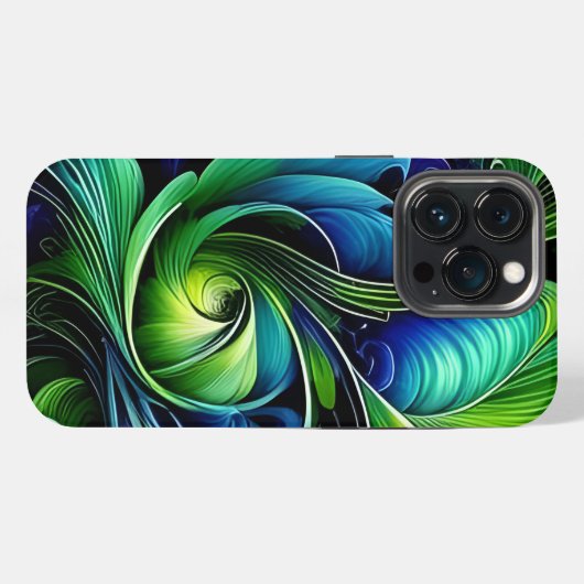 Etui iPhone 13 Pro Abstrait à feuilles bleu vert (Verso Horizontal)