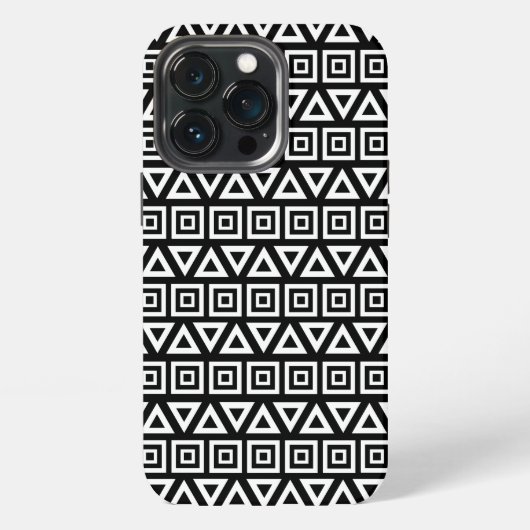 Etui iPhone 13 Pro Aztec Triangles+Motif Carré blanc sur noir (Dos)