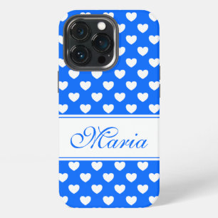 Etui iPhone 13 Pro Beau Bleu Motif Coeurs Blancs Et Votre Nom 