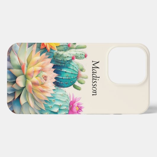 Etui iPhone 13 Pro Cactus Et Succulent Avec Nom (Verso Horizontal)