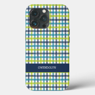 Etui iPhone 13 Pro Carreaux Vert Citron, Bleu Marine et Bleu Turquois