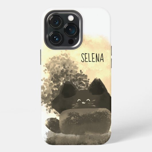 Etui iPhone 13 Pro Cartoon Gold et Black Cute Chat Fluffé caché (Dos)