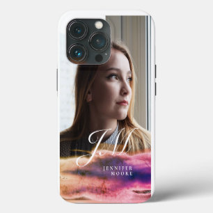 Etui iPhone 13 Pro Chic personnalisé rose violet photo monogrammé