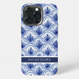 Etui iPhone 13 Pro Chinoiserie bleu marine coquillage motif asiatique
