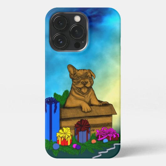 Etui iPhone 13 Pro Chiot dans une boîte, Joyeux Noël (Verso)