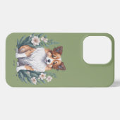 Etui iPhone 13 Pro Collie douce est entourée de fleurs. (Verso Horizontal)