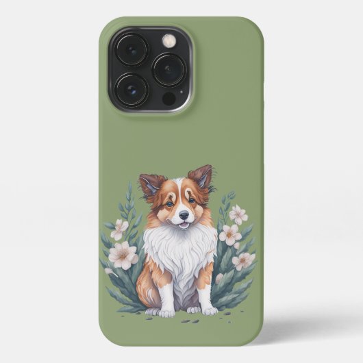 Etui iPhone 13 Pro Collie douce est entourée de fleurs. (Verso)