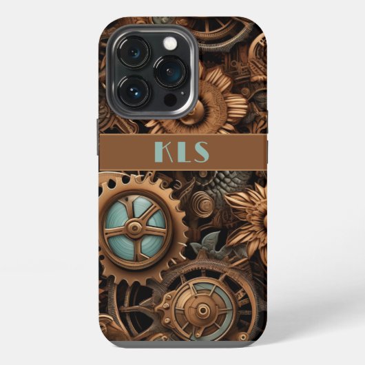 Etui iPhone 13 Pro Cool Steampunk Brown & Turquoise Cogs & Fleurs (Dos)