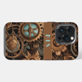 Etui iPhone 13 Pro Cool Steampunk Brown & Turquoise Cogs & Fleurs (Verso Horizontal)