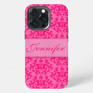 Etui iPhone 13 Pro Coque de nom personnalisé à motif rose chaud Damas
