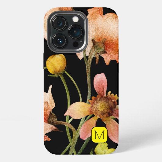 Etui iPhone 13 Pro design féminin élégant initial Fleurs noires (Dos)