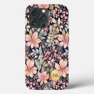 Etui iPhone 13 Pro Élégant or noir rose floral Aquarelle Monogramme