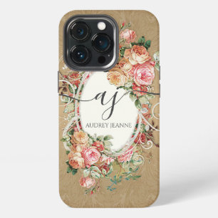 Etui iPhone 13 Pro Élégant Roses Florales Or Damassé Monogramme Scrip