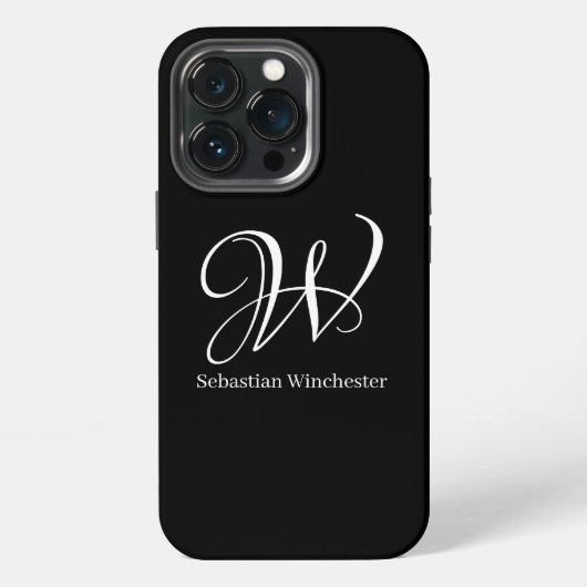Etui iPhone 13 Pro Élégant script de nom initial monogramme noir blan (Dos)